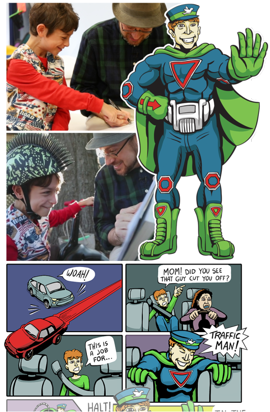 A young person helps Jason design Traffic Man, a superhero!
