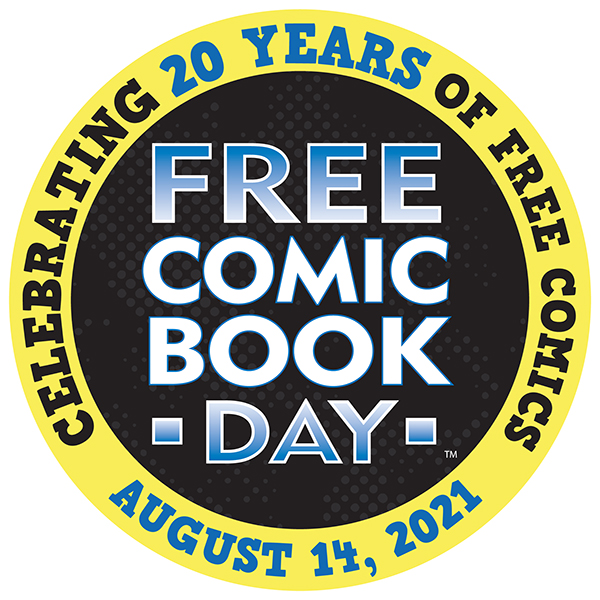 Circular seal reads "FREE COMIC BOOK DAY" in the center and "CELEBRATING 20 YEARS OF FREE COMICS" plus "AUGUST 14, 2021" around the outer edge.